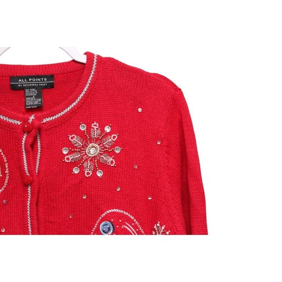 Vintage 90s Cardigan Sweater Medium Embroidered Sequin Beaded Holiday Winter - Picture 5 of 12